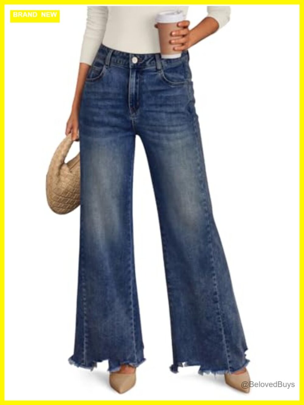 Wide Leg High Waisted Stretchy Jeans with Raw Hem Baggy Denim Pants